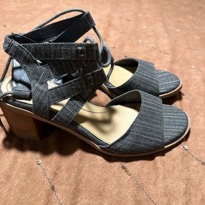 Dr. Scholl's Striped Denim Lace Up Peep Toe Heels Size 6.5